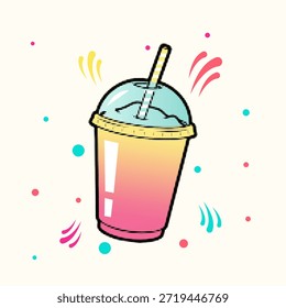 Taza plástica del estilo del punto del arte pop del semitono con la bebida fría y la Ilustración vectorial de la paja