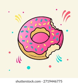 Halftone Pop Art Dot-Stil rosa glasiert Donut mit bunten Sprinkles und Bisszeichen VektorgrafikHalftone Pop Art Dot-Stil rosa glasiert Donut mit bunten Sprinkles und Bisszeichen Vektorgrafik