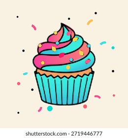 Estilo de punto de arte pop de medio tono delicioso cupcake con glaseado remolinado y Ilustración vectorial de espolvorear