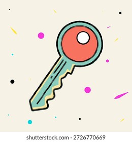 Halftone pop art dot style colorful key icon for security and access concepts vector illustration
