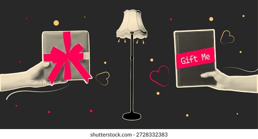 Halftone, pop art, dot style hands holding gift boxes with lamp and heart shapes vector illustration