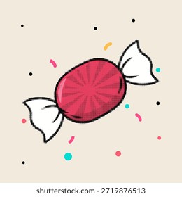 Halftone pop art dot dulce rosa caramelo duro en envoltura blanca con Ilustración vectorial de puntos de confeti dispersos