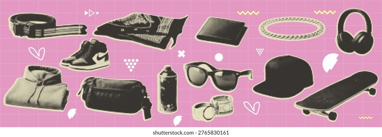 halftone, pop art, dot trendy fashion item collection with sneaker boot bag headphone skateboard sunglasses and cap vector illustration