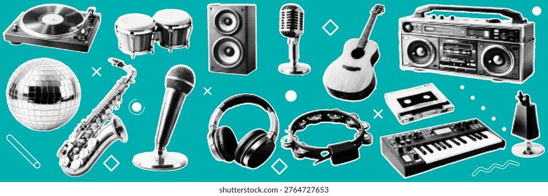 Halftone pop art dot turntable drum speaker microphone guitar boombox cassette keyboard tambourine headphones collection vector illustration