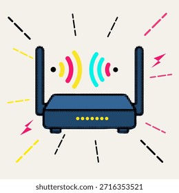 Router inalámbrico de Internet del punto del arte pop del semitono con las ondas de señal coloridas y los pernos de relámpago decorativos, Ilustración vectorial