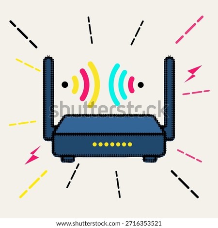 Halftone pop art dot wireless internet router with colorful signal waves and decorative lightning bolts, vector illustration