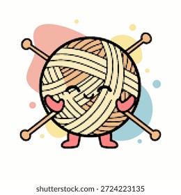 Halbton Pop Art Dot Wolle Ball Charakter mit Stricknadeln und glückliches Gesicht, Vektorgrafik.