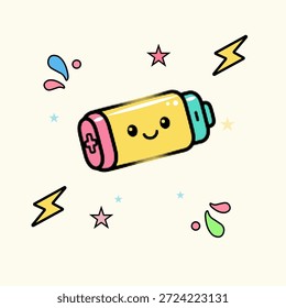 Halftone pop art dot yellow battery character with a smiling face and electric lightning bolt symbols, vector illustration.