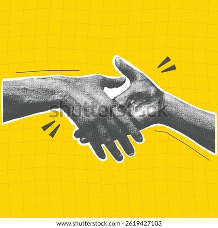 Halftone Pop art handshake on yellow backdrop, vector design. Close-up of a handshake background with elements