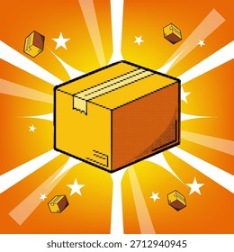 Ilustración de arte pop de medio tono de una Grande caja de entrega con rayos dinámicos y paquetes flotantes sobre fondo naranja brillante, Ilustración vectorial
