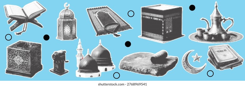 halftone pop art islamic religious elements set with quran mosque lantern prayer mat and ramadan symbols collection