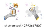 Halftone pop art set. Vector hands holding presents gift boxes with percentage discount signs and gold coins. Retro style collage with doodle elements for special offers and promotional deals