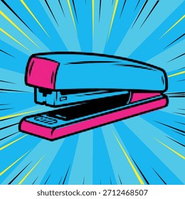 Grapadora de arte pop de semitono con estilo cómico retro audaz y Ilustración vectorial de fondo de ráfaga dinámica y colorida