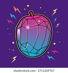 Halftone pop art style mango fruit with a vibrant orange and pink gradient and abstract background elements