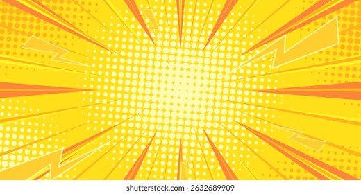 Meio-Tom Pop Art Estilo Estrela Padrão de Explosão Cartoon Fundo, Vintage Tom Efeito Luz Vetor ilustração wow banner com design gradiente
