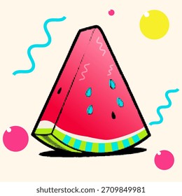 Halftone pop art triangular watermelon slice with blue seeds and memphis elements on a vibrant, light background,