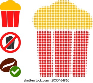 Halftone popcorn bucket. Dotted popcorn bucket made with small circle dots. Vector illustration of popcorn bucket icon on a white background. Halftone array contains circle dots.