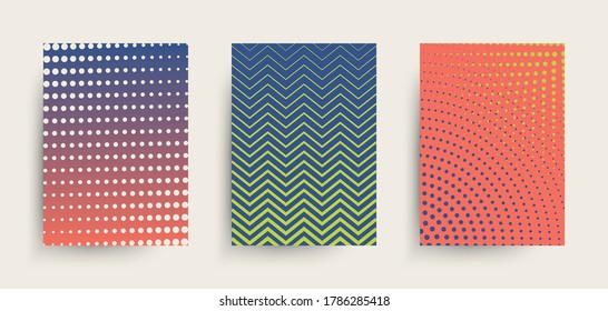 Halftone poster collection. Minimalist abstract backgrounds with dots, zig zag lines and circles in trendy 2020 colors. Vector illustration.