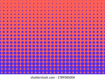 Halftone poster with dots in bright orange and violet colors. Modern abstract dotted background in trendy 2020 neon colors. Pop art poster. Vector illustration.