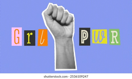 Halftone poster with hand. GIRL POWER. Trendy vector pieces. Gesture signs. Modern art collage with hand. Trendy vector pieces. Creative collage
