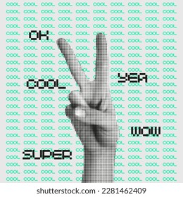 Halftone poster with hand. Trendy vector pieces. Gesture signs. Modern art collage with hand. Trendy vector pieces. Creative collage in Y2K style