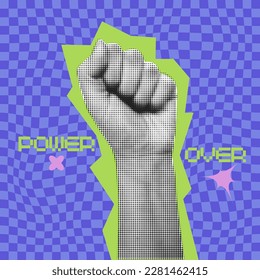 Halftone poster with hand. Trendy vector pieces. Gesture signs. Modern art collage with hand. Trendy vector pieces. Creative collage in Y2K style