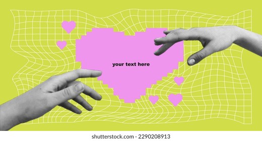 Halftone poster with hands. Love card. Gesture signs. Modern art collage with hand. Trendy vector pieces. Creative collage in Y2K style
