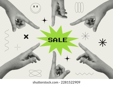 Halftone poster with hands. Trendy vector pieces. SALE banner. Modern art collage with hand. Trendy vector pieces. Creative collage in Y2K style