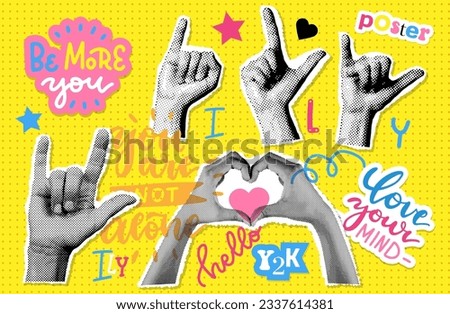Halftone poster with lovely hands set. Love collage elements. Heart Gesture sign with gesture language letters I L Y. Modern art collage with human palms. Trendy vector sticker pack in Y2K style