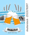 Halftone poster for Oktoberfest decoration. Vector cutout halftone elements for Oktoberfest. Halftone hands raising large beer mug on background of torn paper with white and blue rhombus.