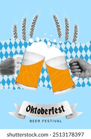 Póster semitono para decoración Oktoberfest. Elementos de semitono de recorte de Vector para el Oktoberfest. Manos de semitono levantando taza de cerveza Grande sobre fondo de papel rasgado con rombo blanco y azul.