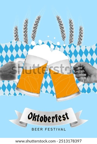 Halftone poster for Oktoberfest decoration. Vector cutout halftone elements for Oktoberfest. Halftone hands raising large beer mug on background of torn paper with white and blue rhombus.