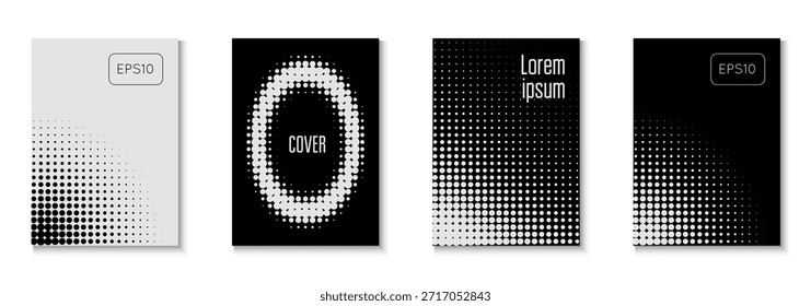 Halftone Poster Set. Black Graphic Pattern. Color Art With Memphis Elements. Dynamic Frame For Annual Invitation. Music Grey And Greyscale  Flyer. Abstract Template. White Halftone Poster