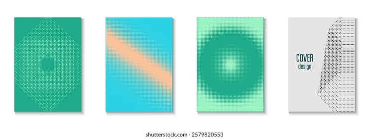 Halftone Poster Set. Color Art With Memphis Elements. Linear Shapes In Annual Frame. Business Flyer. Minimalist Party Pattern. Geometric Abstract Background. Trendy Halftone Poster