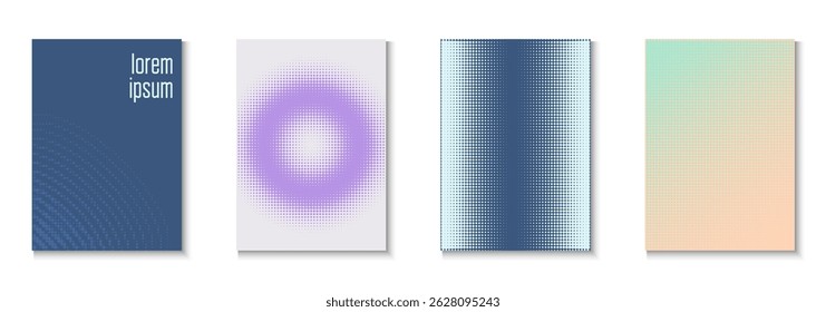 Conjunto de póster de semitonos. Círculos De Color En Memphis Layout. Elementos Dinámicos En Presentación 2d. Volante de la onda. Textura gráfica minimalista. Cubierta Abstractas geométrica. Póster de semitono de moda