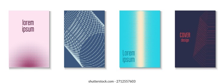 Halftone Poster Set. Modern Shapes In Tech Layout. Flat Invitation With Geometric Frame. Book Flyer. Minimalist Dot Cover. Geometric Abstract Template. Trendy Halftone Poster