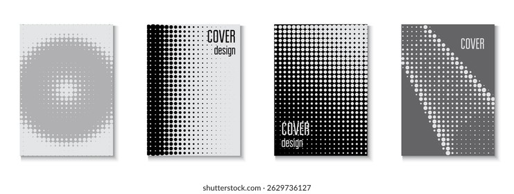 Halftone Poster Set. Music Texture. Color Art With Memphis Elements. Linear Shapes For Brand Folder. Abstract White And Greyscale  Flyer. Black Brand Pattern. Grey Halftone Poster