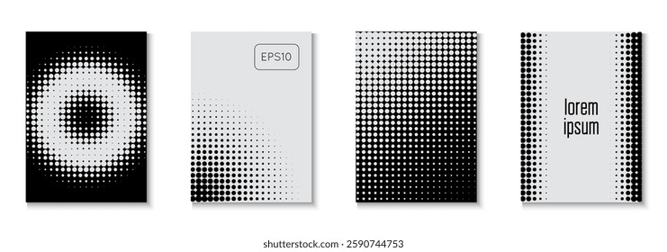 Halftone Poster Set. Wave White And Black  Flyer. Summer Art In Minimal Design. Linear Shapes For Brand Folder. Abstract Pattern. Black Line Template. White Halftone Poster