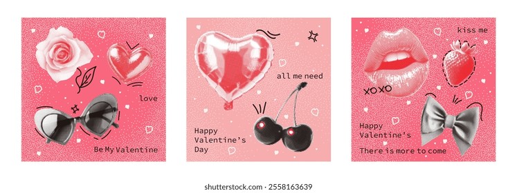 Halftone posters for collages for Valentine's Day, made in retro style. Heart, a balloon, lips, glasses, a bow in a dotted design. Vector.