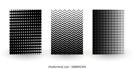 Colección de afiches de semitono en blanco y negro. Fondos abstractos de moda con puntos, líneas de zag y círculos en un esquema de color monocromo. Afiches de arte pop. Ilustración vectorial.