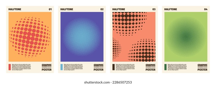 Halftone Poster. Farbiges geometrisches Muster mit Kreisen und Punkten für die Titelseitengestaltung, moderne minimale Druckflyer-Layout-Vorlage. Vektor-Einzelsatz. Grafische Kunstelemente mit abgerundeten Formen