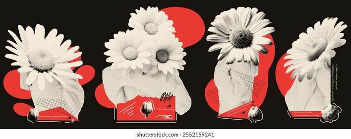 Halftone posters concept of relationships, love, romance, Valentine's day. Vector halftone elements girl, daisy flower, quotes for collage .