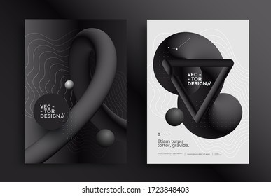 Halftone posters design with fluid 3D shapes in Neumorphism style. Black Minimal background for banner, flyer, cover, brochure. Vector geometric illustration