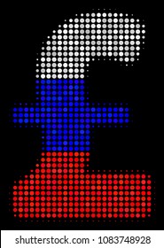 Halftone Pound Sterling icon colored in Russian official flag colors on a dark background. Vector concept of pound sterling icon constructed of spheric dots.