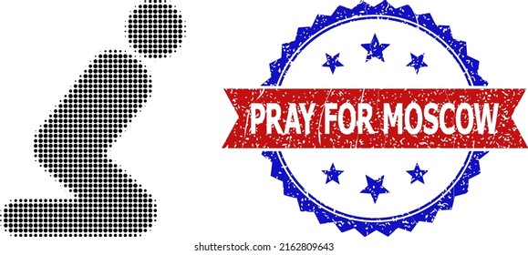 Halftone praying man icon, and bicolor rubber Pray for Moscow seal. Halftone praying man icon is made with small round items. Vector seal with unclean bicolored style,