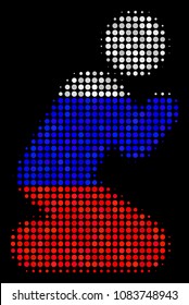 Halftone Praying Person icon colored in Russian official flag colors on a dark background. Vector composition of praying person icon formed from round elements.