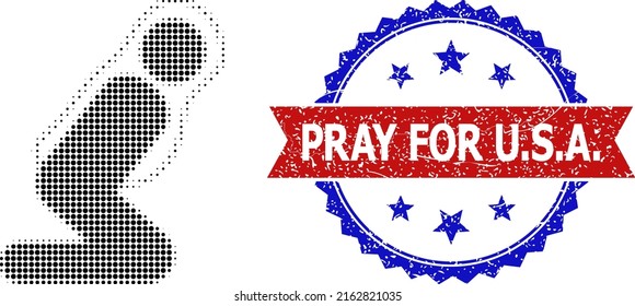 Halftone praying woman icon, and bicolor dirty Pray for U.S.A. seal stamp. Halftone praying woman icon is constructed with small round items. Vector seal with retro bicolored style, Pray for U.S.A.
