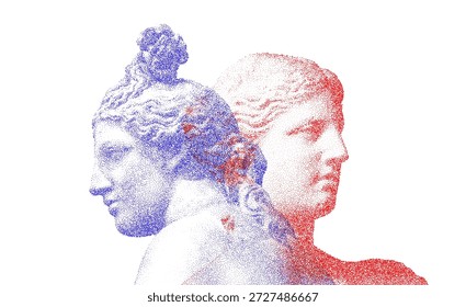 Estampado semitono de escultura Clásica. Estilo de arte Pop retro con estatuas antiguas duales, mezcla gráfica contemporánea de antigüedad y diseño moderno