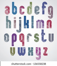 Halftone print dots textured bold font with rounded corners, lowercase letters, grunge aged macro style, geometric poster letters alphabet design.