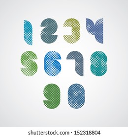 Halftone print dots textured modern shape numbers, grunge aged macro style, geometric simple contemporary numerals design. Vector.